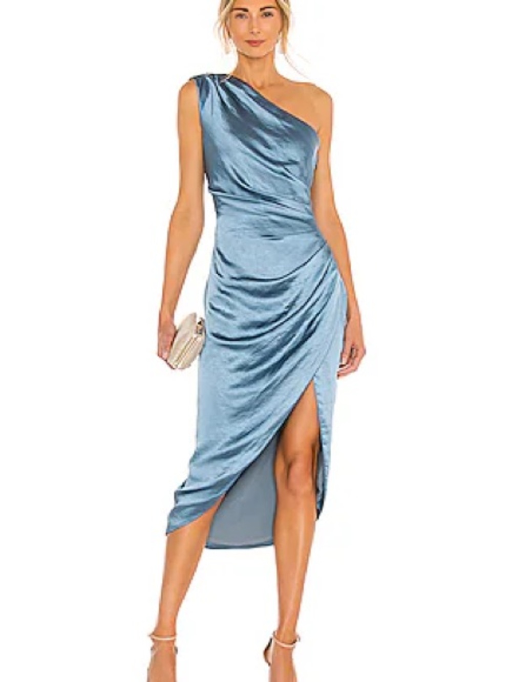 Eliatt Cassini One-Shoulder Blue Satin Midi Dress with Side Slit Size Small NEW - Picture 9 of 9